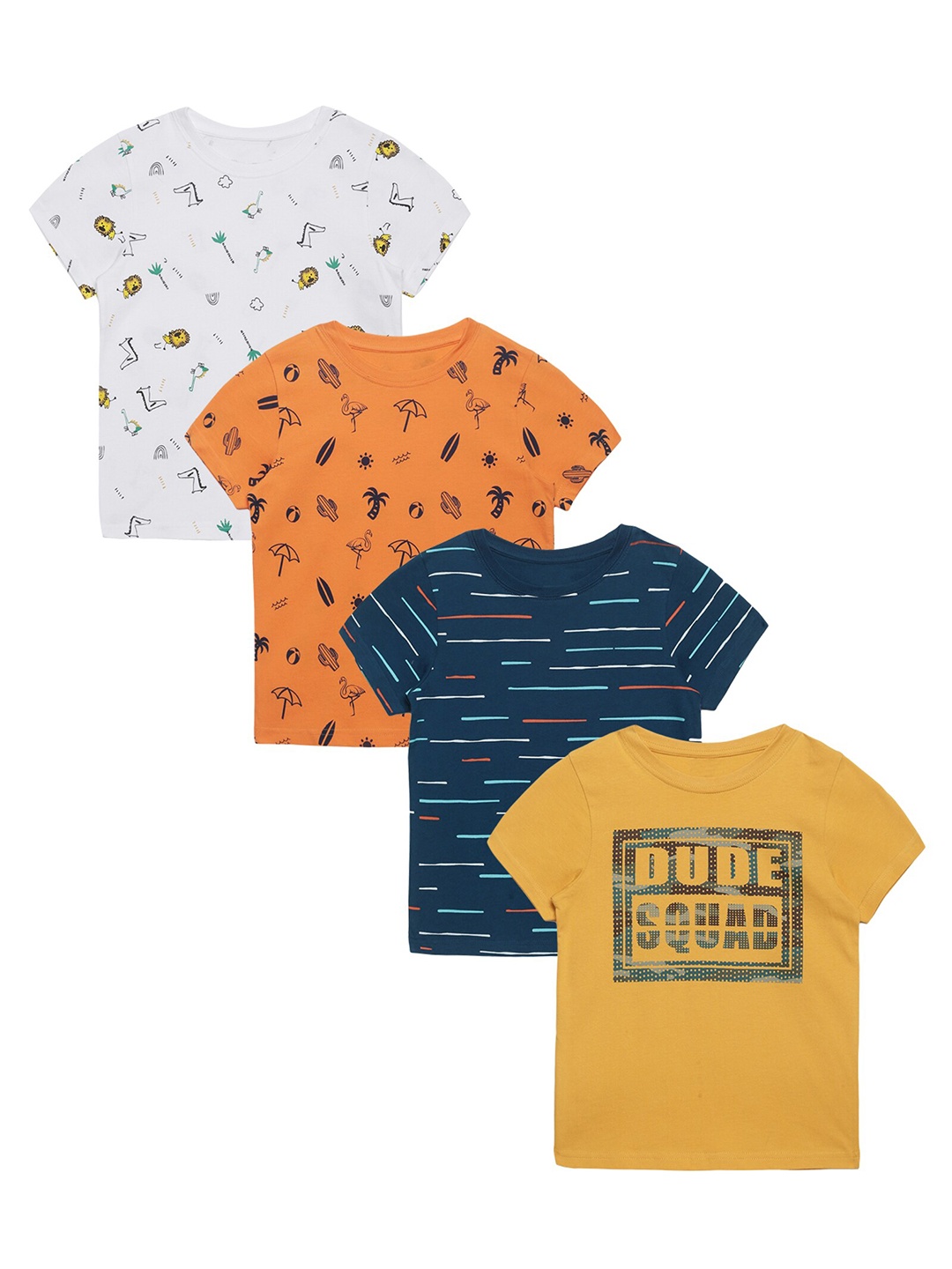 PLUM TREE Boys Pack of 4 Printed Pure Cotton T-shirt, Yellow