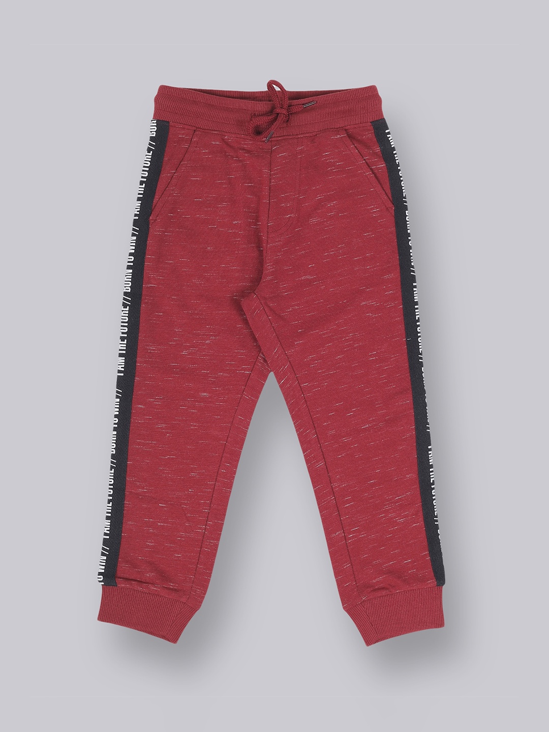 

PLUM TREE Boys Burgundy Typography Pure Cotton Loose-Fit Joggers