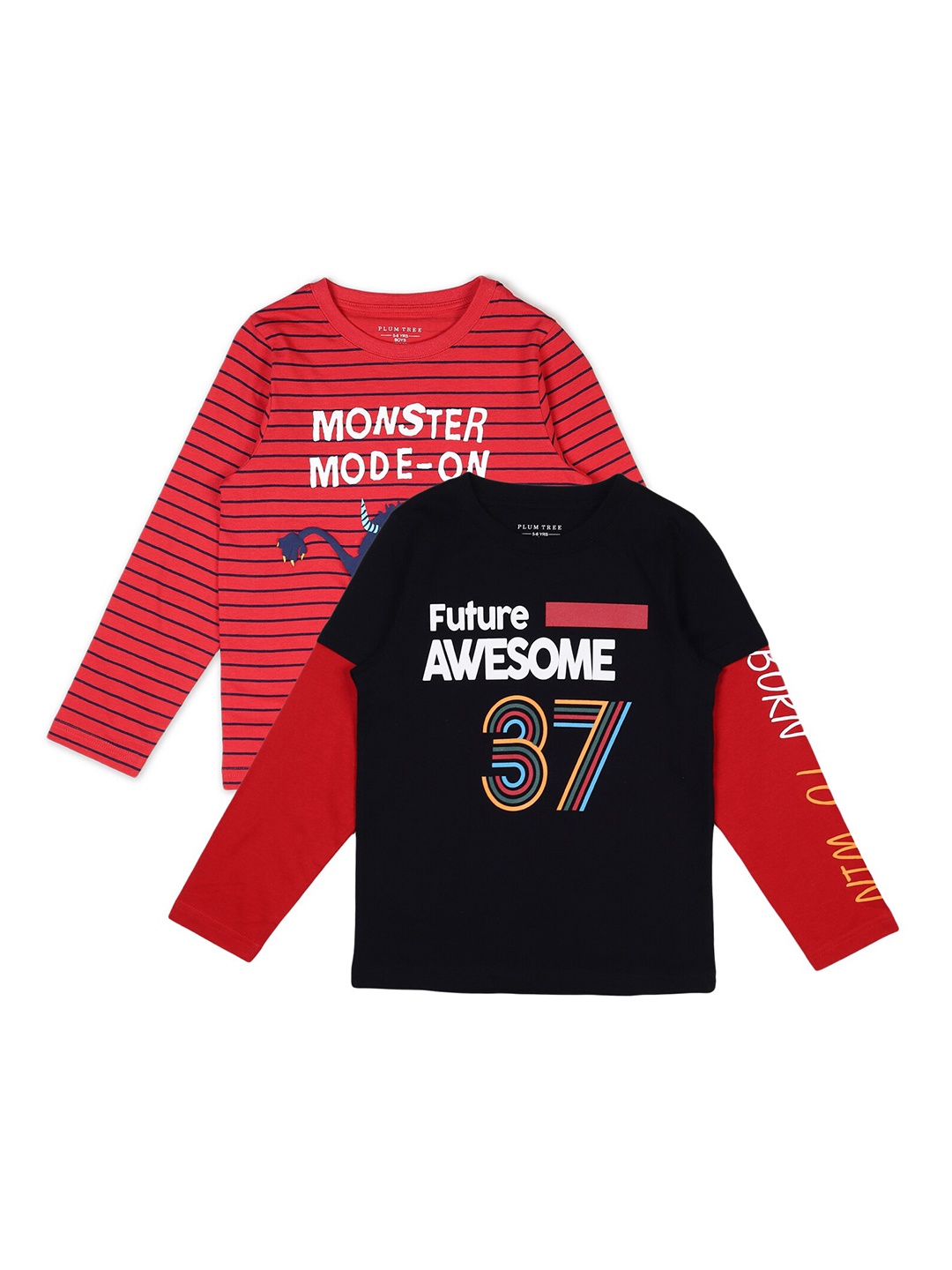 

PLUM TREE Boys Pack-2 Red Black Typography Printed Pure Cotton T-shirt