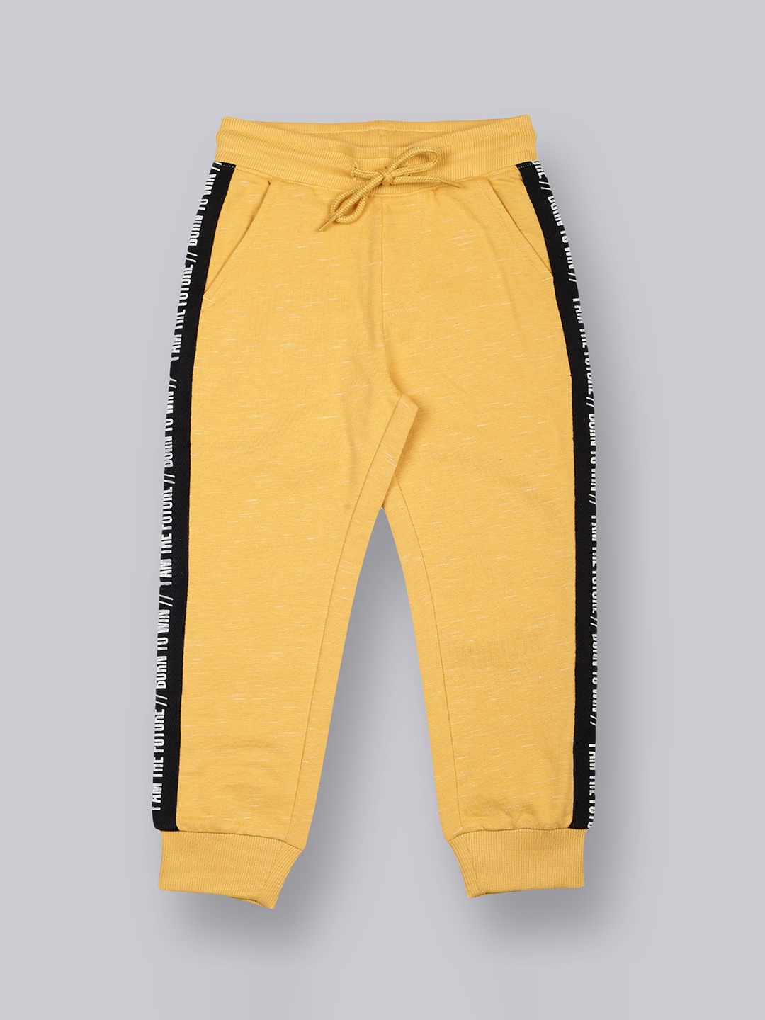 

PLUM TREE Boys Yellow & Black Typography Printed Pure Cotton Loose-Fit Joggers