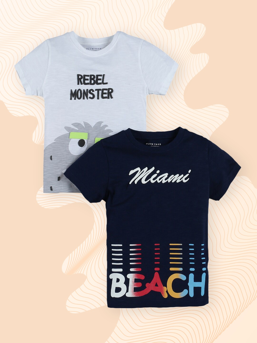 

PLUM TREE Boys Pack of 2 Typography Pure Cotton T-shirt, Off white