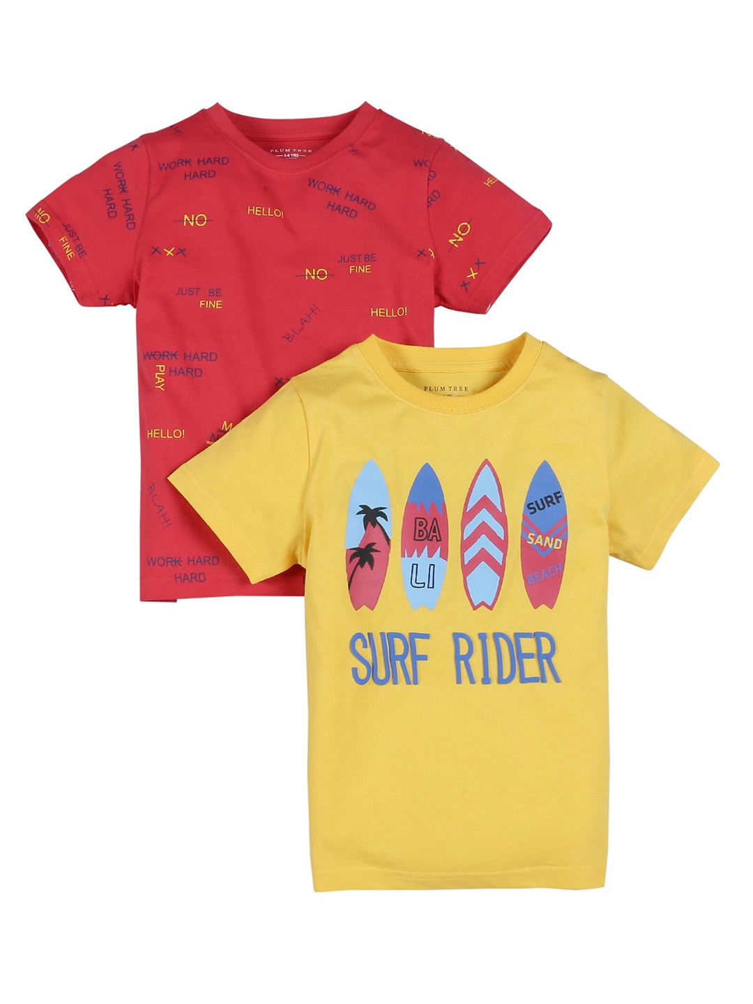

PLUM TREE Boys Pack-2 Red Yellow Typography Printed Pure Cotton T-shirt