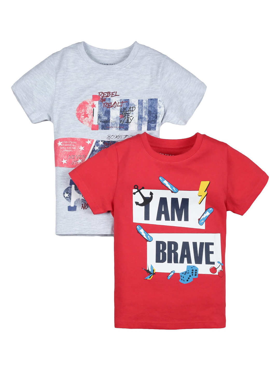 

PLUM TREE Boys Grey Red Pack of 2 Printed Cotton Pure Cotton T-shirt
