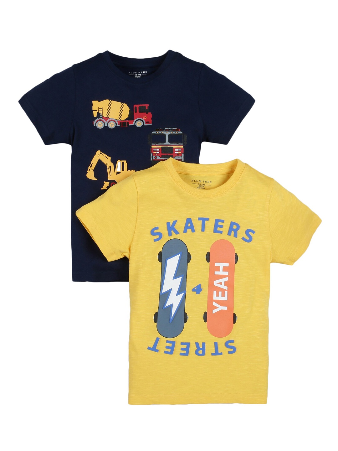 

PLUM TREE Boys Navy Blue and Yellow Pack of 2 Printed T-shirts