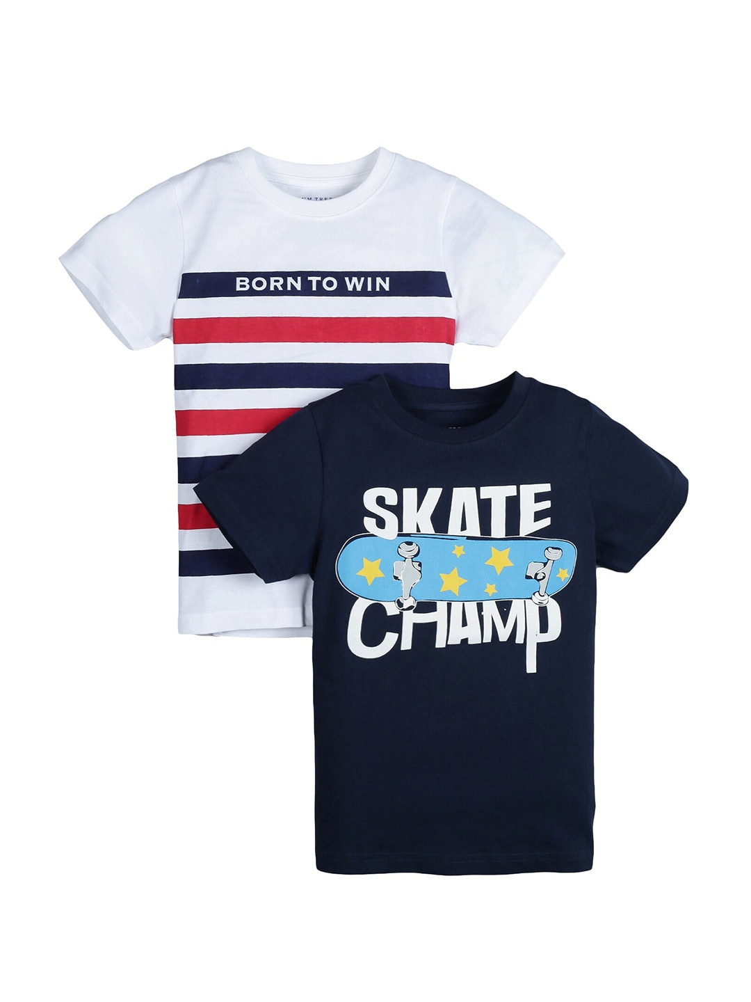 

PLUM TREE Boys Navy Blue & White 2 Printed Applique T-shirt