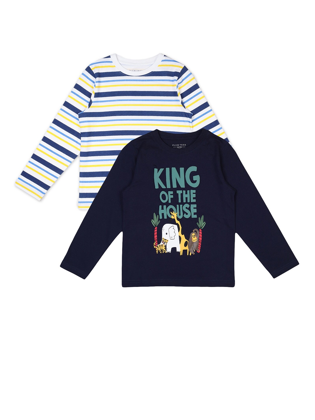 

PLUM TREE Boys Off White Navy Blue Pack of 2 Printed Cotton Pure Cotton T-shirt