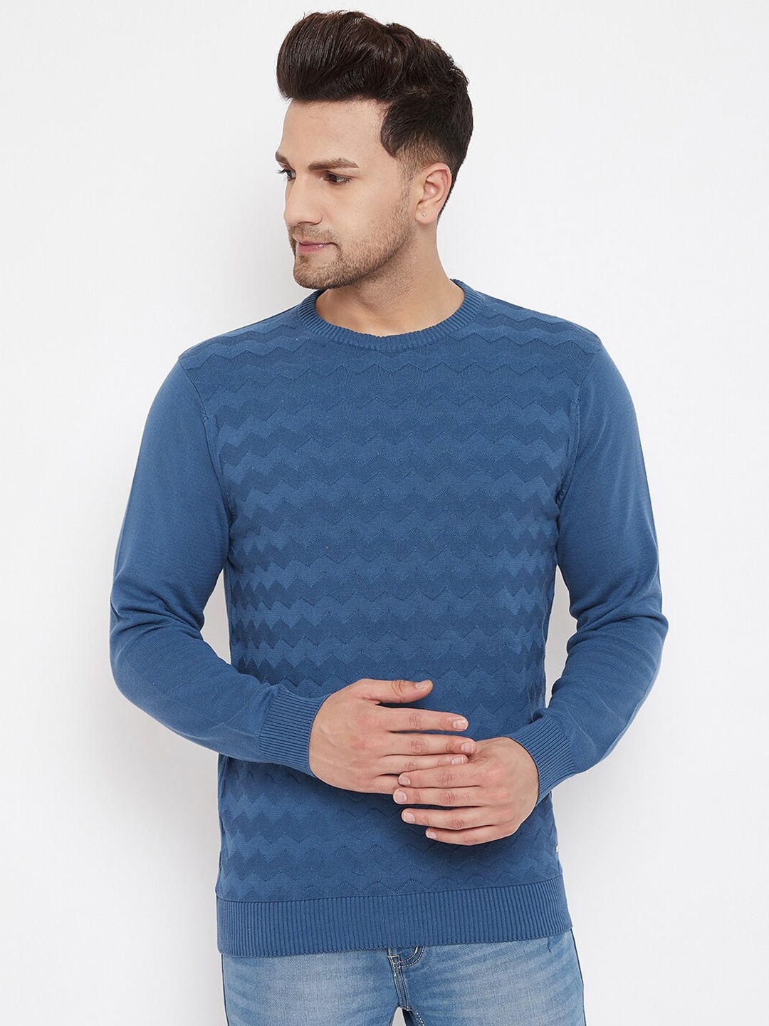 

98 Degree North Men Blue Chevron Pullover Sweater