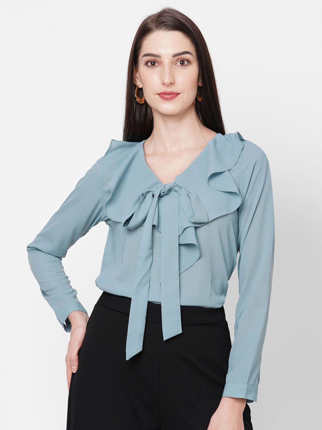 

20Dresses Women Blue Tie-Up Neck Ruffled Regular Top