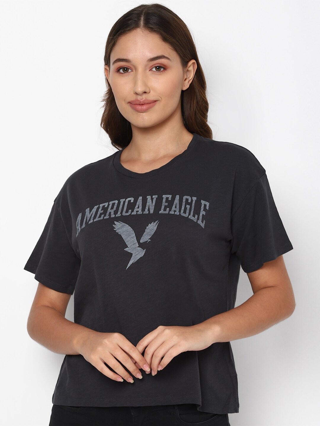 

AMERICAN EAGLE OUTFITTERS Women Charcoal Grey Typography Printed T-shirt