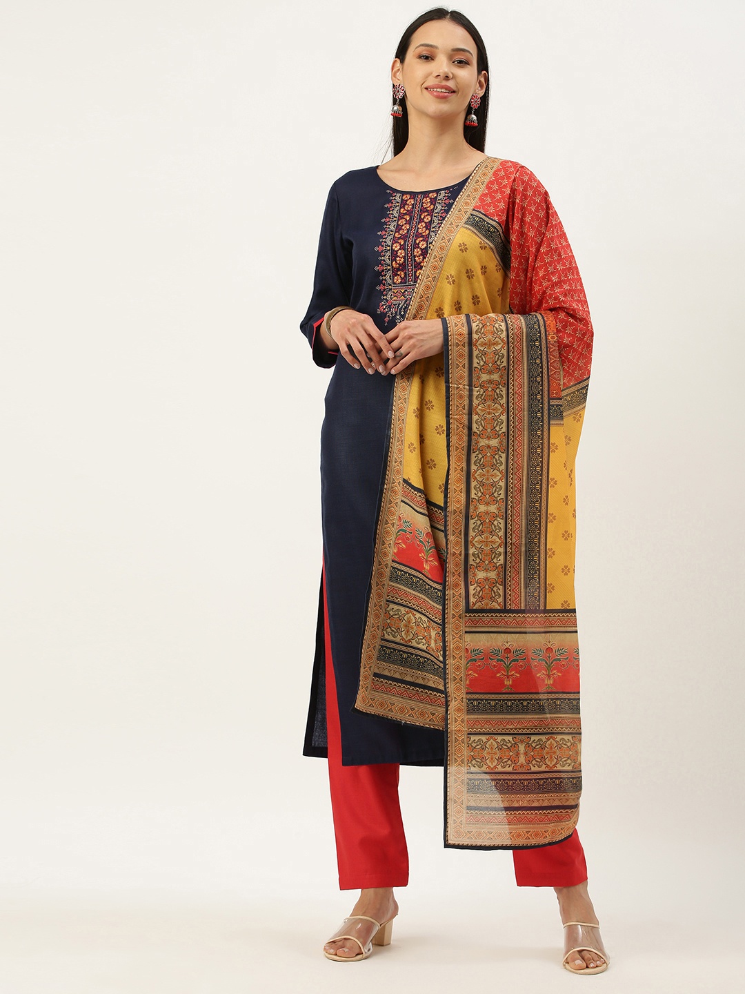 

SheWill Navy Blue & Red Embroidered Unstitched Dress Material