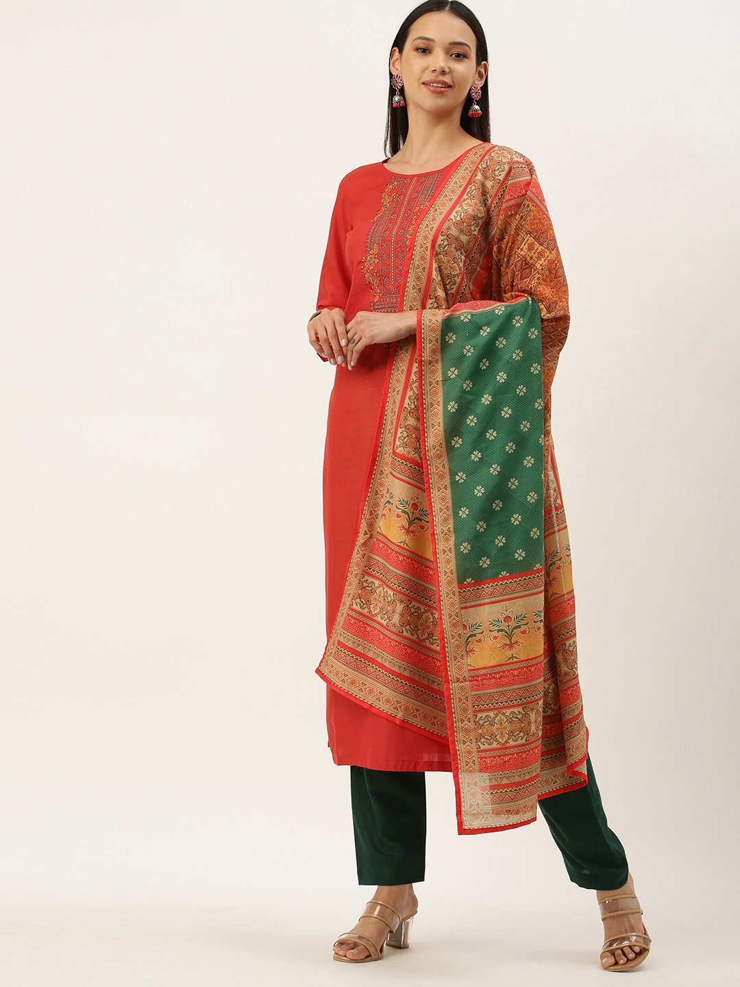 

SheWill Red & Green Embroidered Unstitched Dress Material