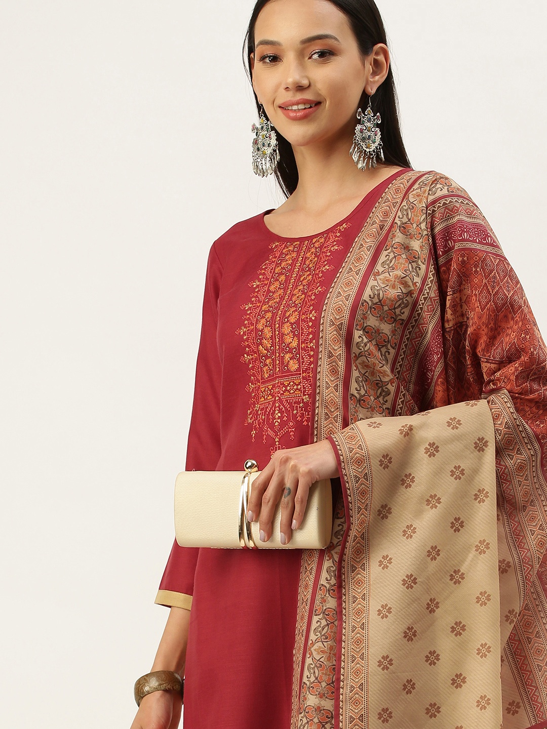 

SheWill Maroon & Beige Embroidered Unstitched Dress Material