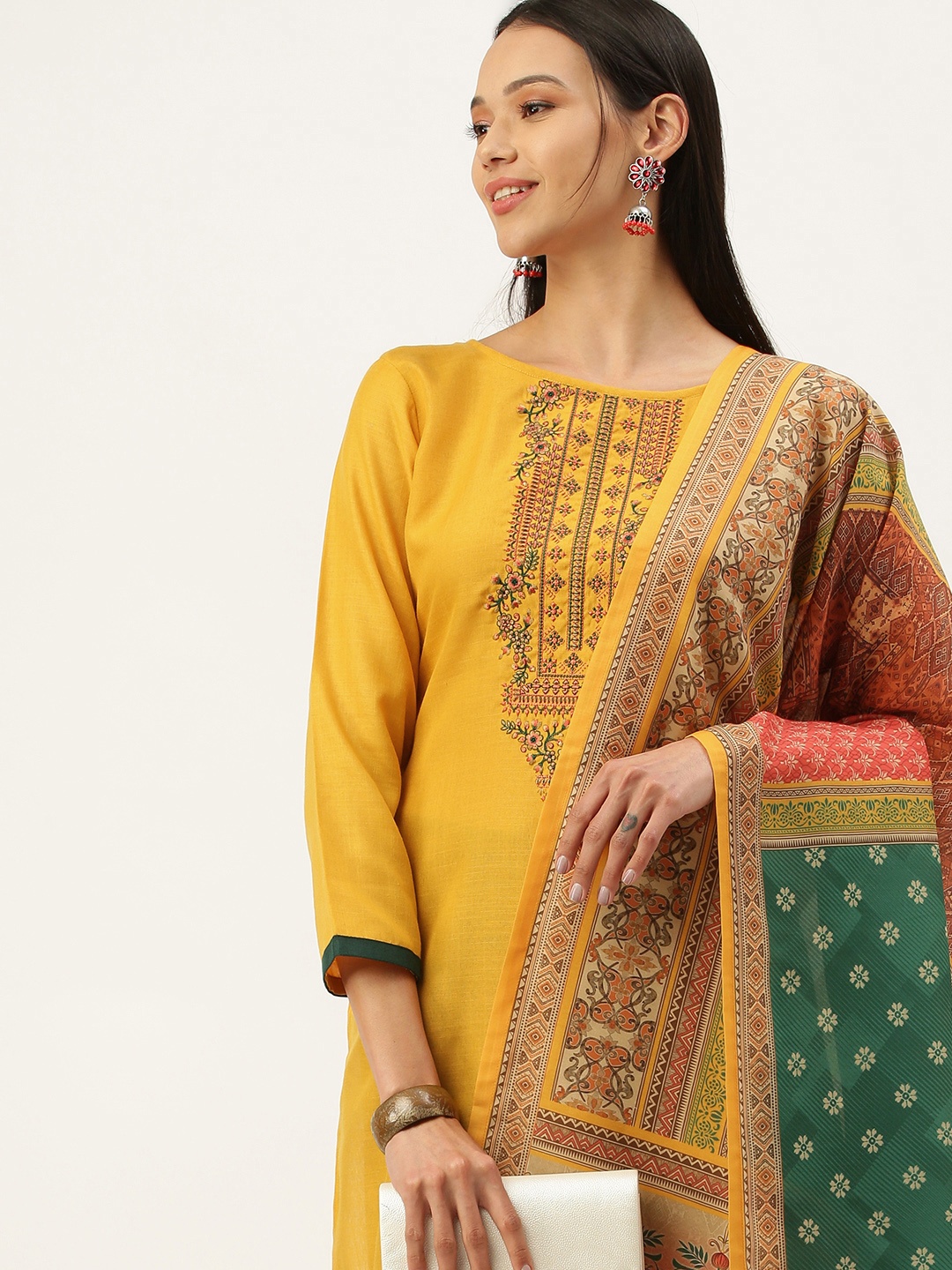 

SheWill Mustard Yellow & Green Embroidered Unstitched Dress Material