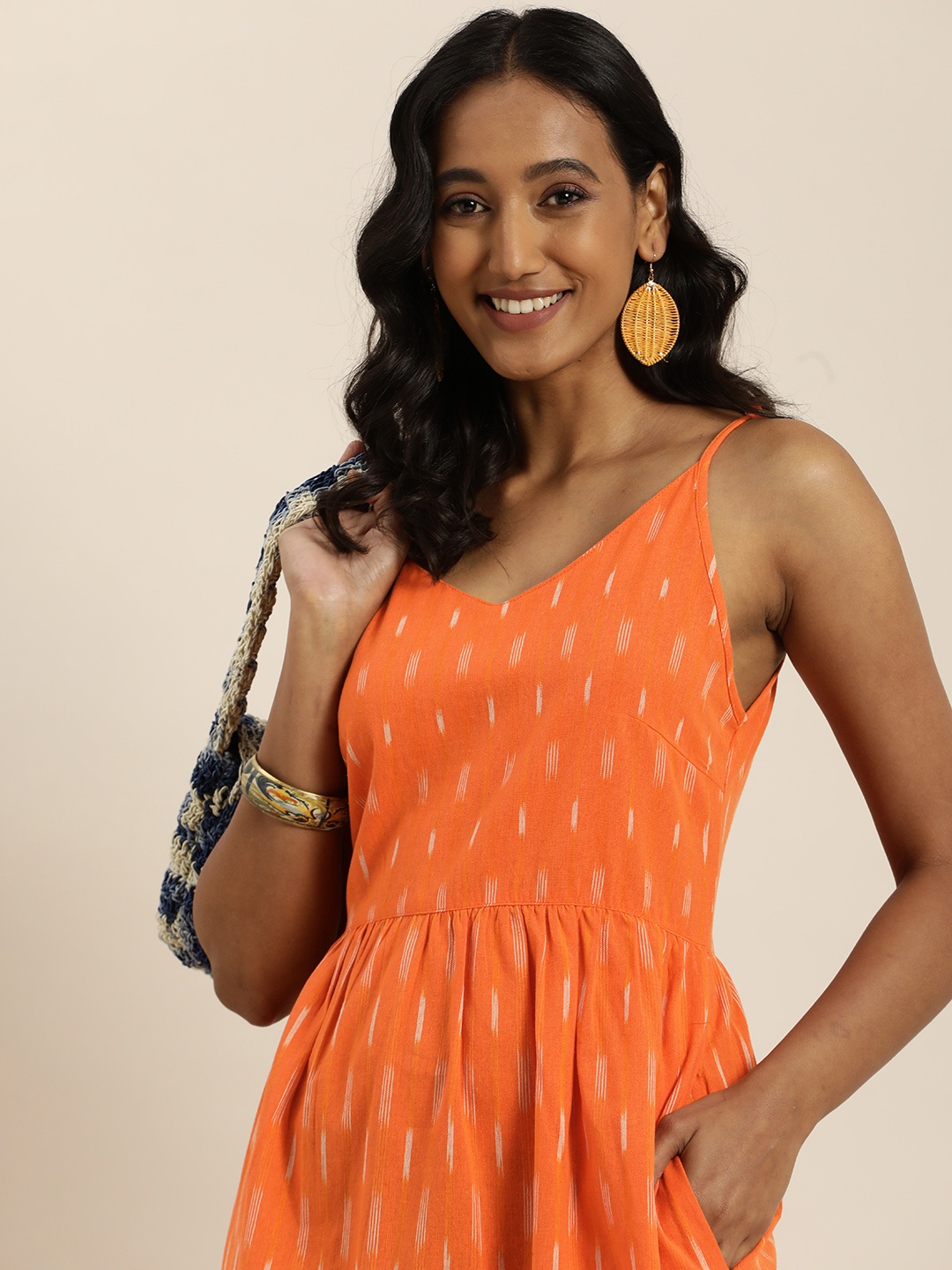 

Taavi Orange & White Ikat Woven Design Sustainable A-Line Dress with Pocket
