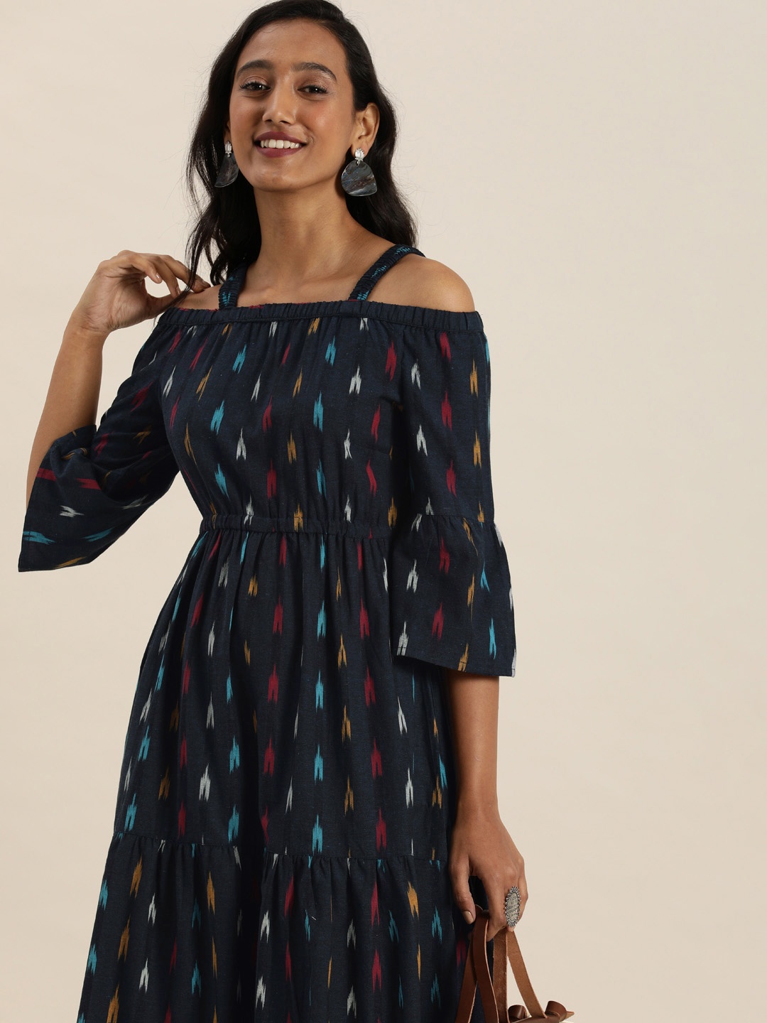 

Taavi Navy Blue Ikat Woven Design Sustainable Pure Cotton Tiered Midi Dress with Pocket