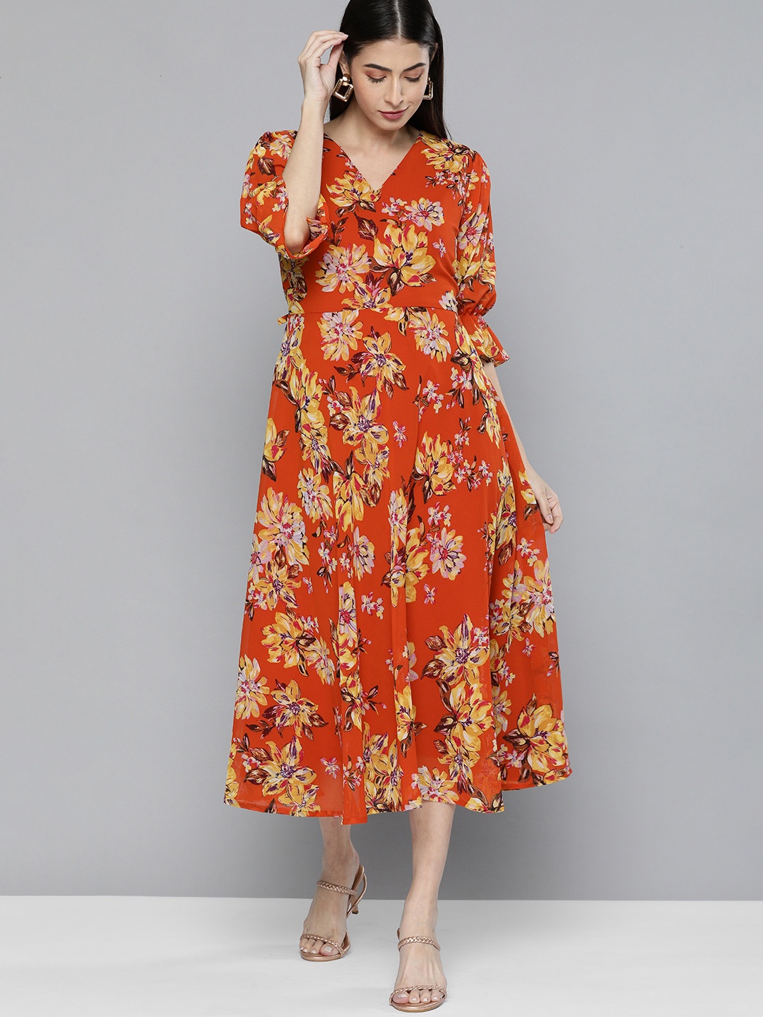 

Kvsfab Orange Floral Georgette A-Line Dress
