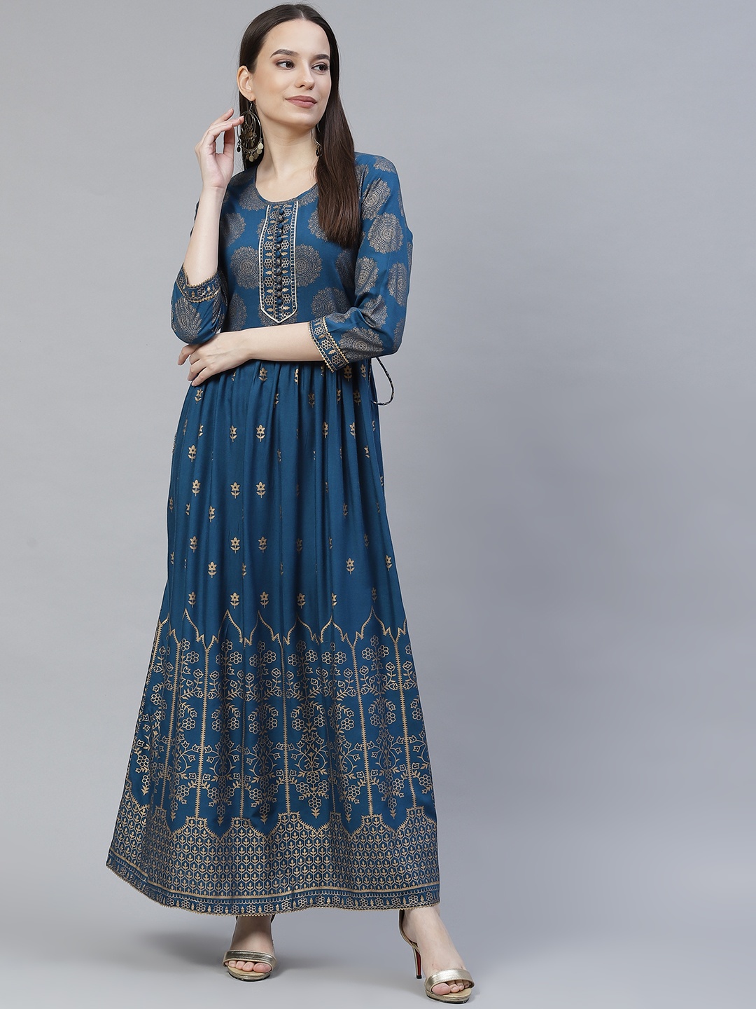 

Meeranshi Blue & Gold-Toned Ethnic Motifs Maxi Dress