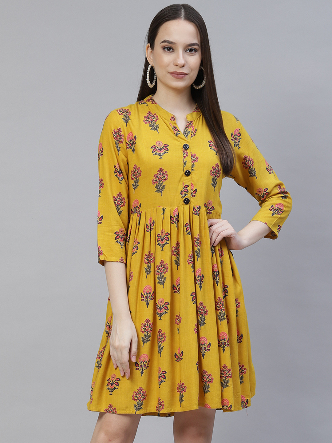 

Meeranshi Mustard Yellow & Pink Floral Midi Dress