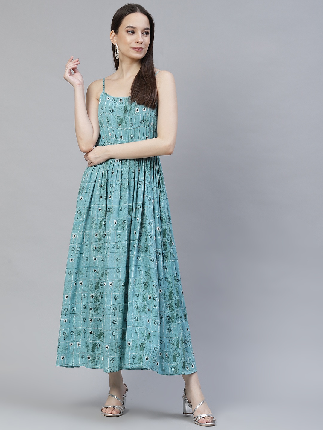 

Meeranshi Teal & Black Floral Maxi Dress