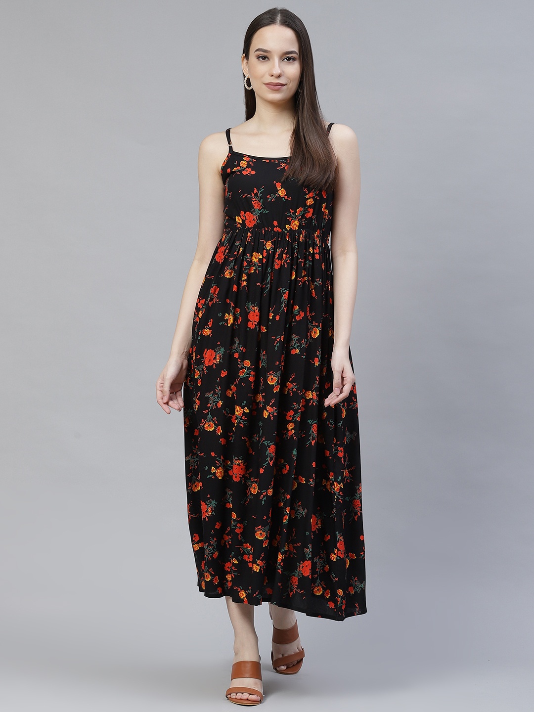 

Meeranshi Black & Yellow Floral Maxi Dress