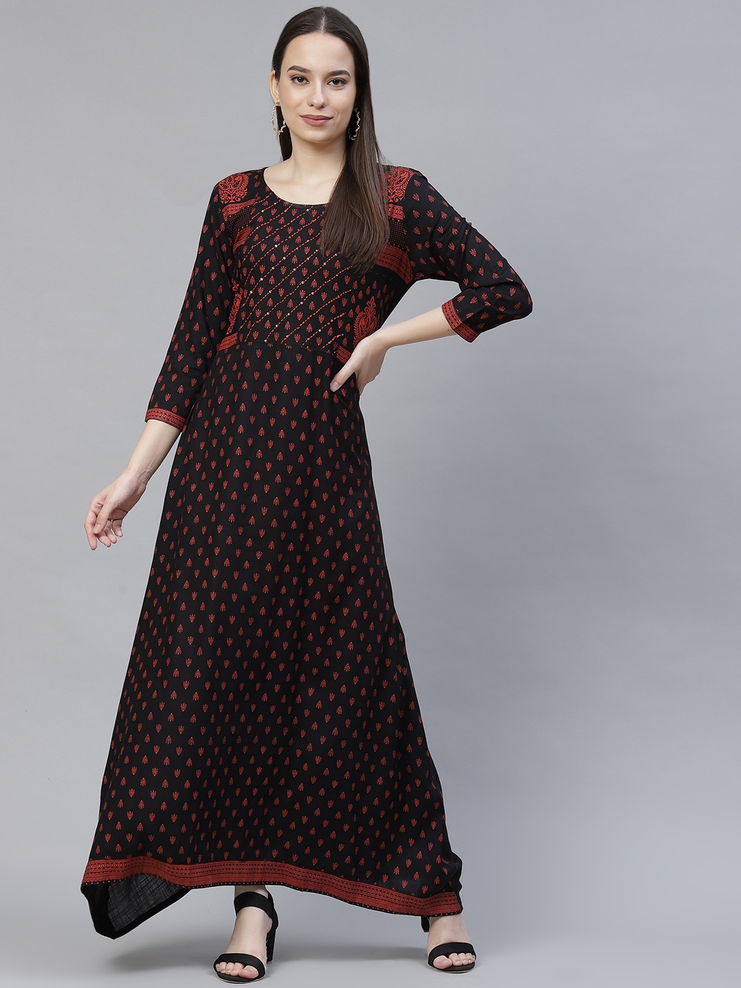

Meeranshi Black & Red Ethnic Motifs Ethnic A-Line Maxi Dress