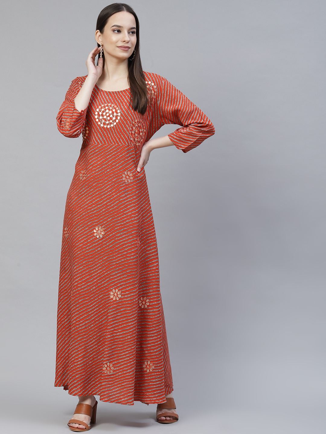 

Meeranshi Rust & Grey A-Line Maxi Dress