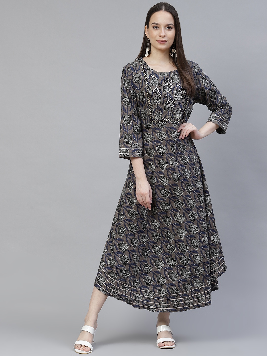 

Meeranshi Grey & Blue Floral Ethnic A-Line Maxi Dress