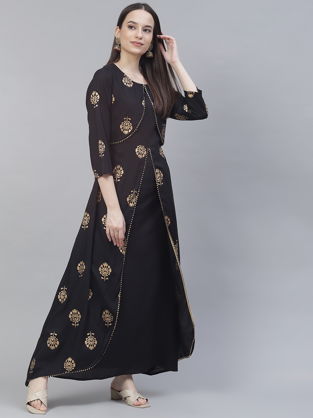 

Meeranshi Black & Gold-Toned Ethnic Motifs Layered A-Line Maxi Dress