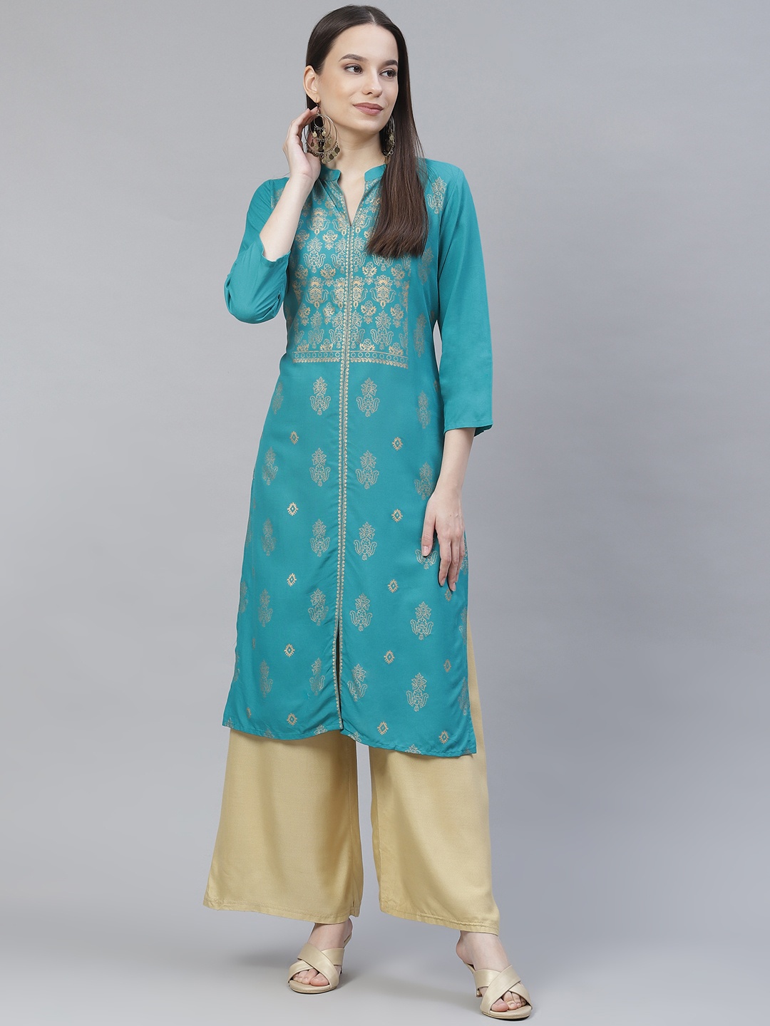 

Meeranshi Women Blue & Gold-Toned Ethnic Motifs Printed Kurta