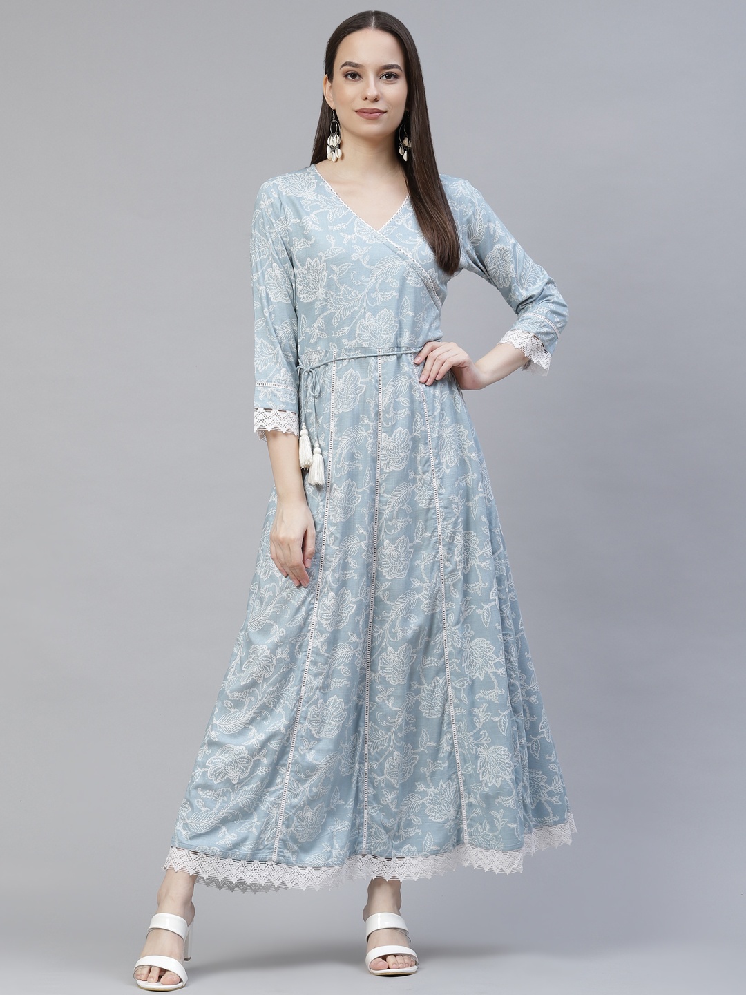 

Meeranshi Teal & White Floral Maxi Dress