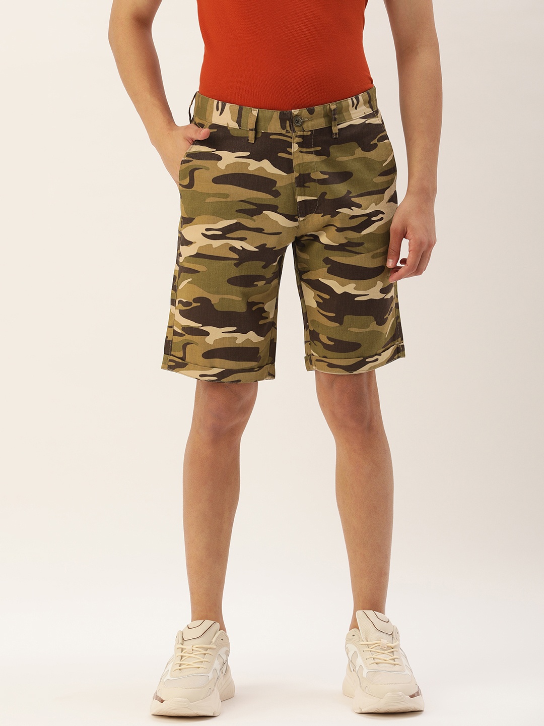 

IVOC Men Brown & Olive Green Camouflage Printed Slim Fit Chino Shorts