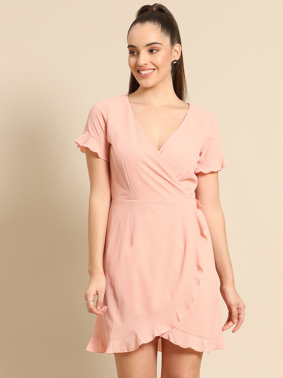 

DODO & MOA Peach-Coloured Solid Crepe Mini Wrap Dress