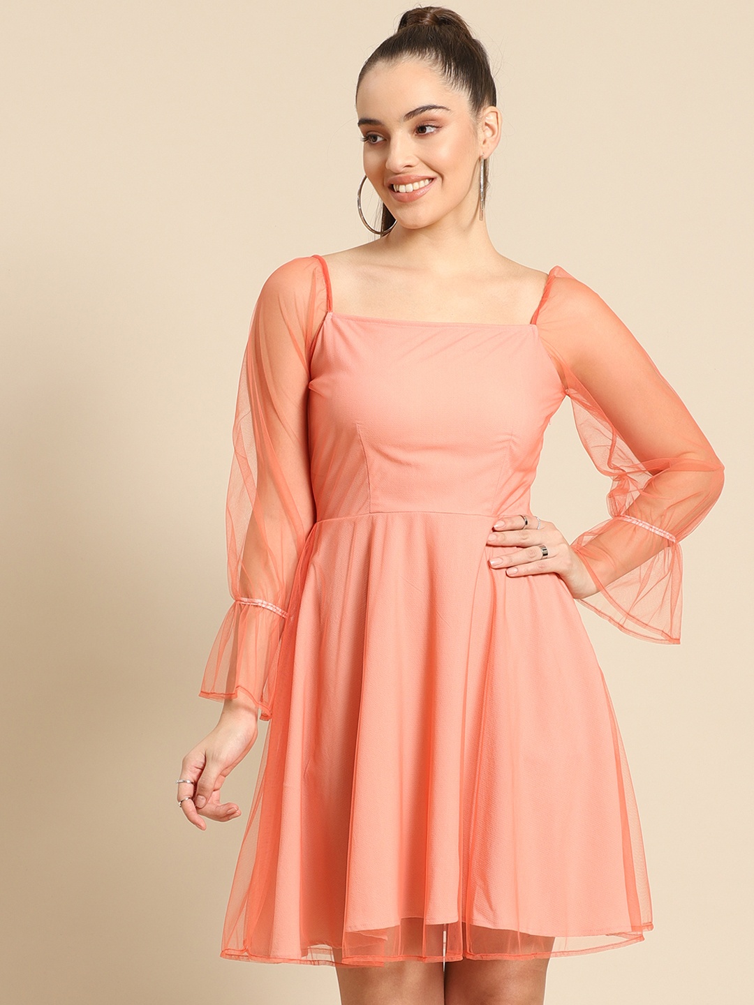 

DODO & MOA Peach-Coloured Solid Fit & Flare Net Dress