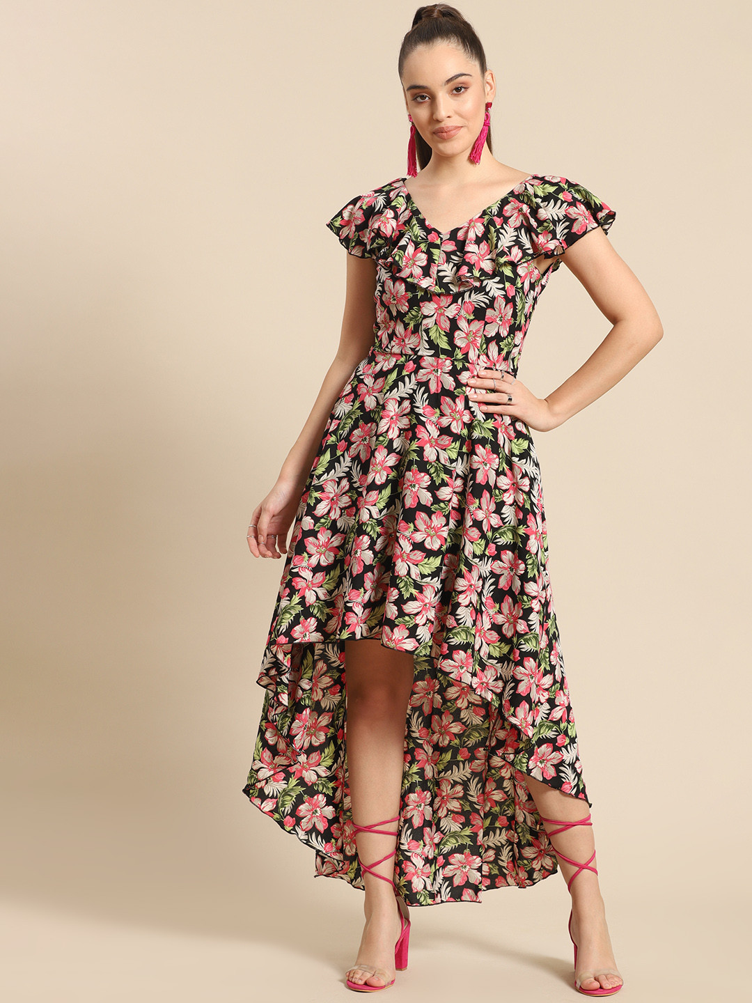 

DODO & MOA Black & Pink Floral Print Ruffled Maxi Dress