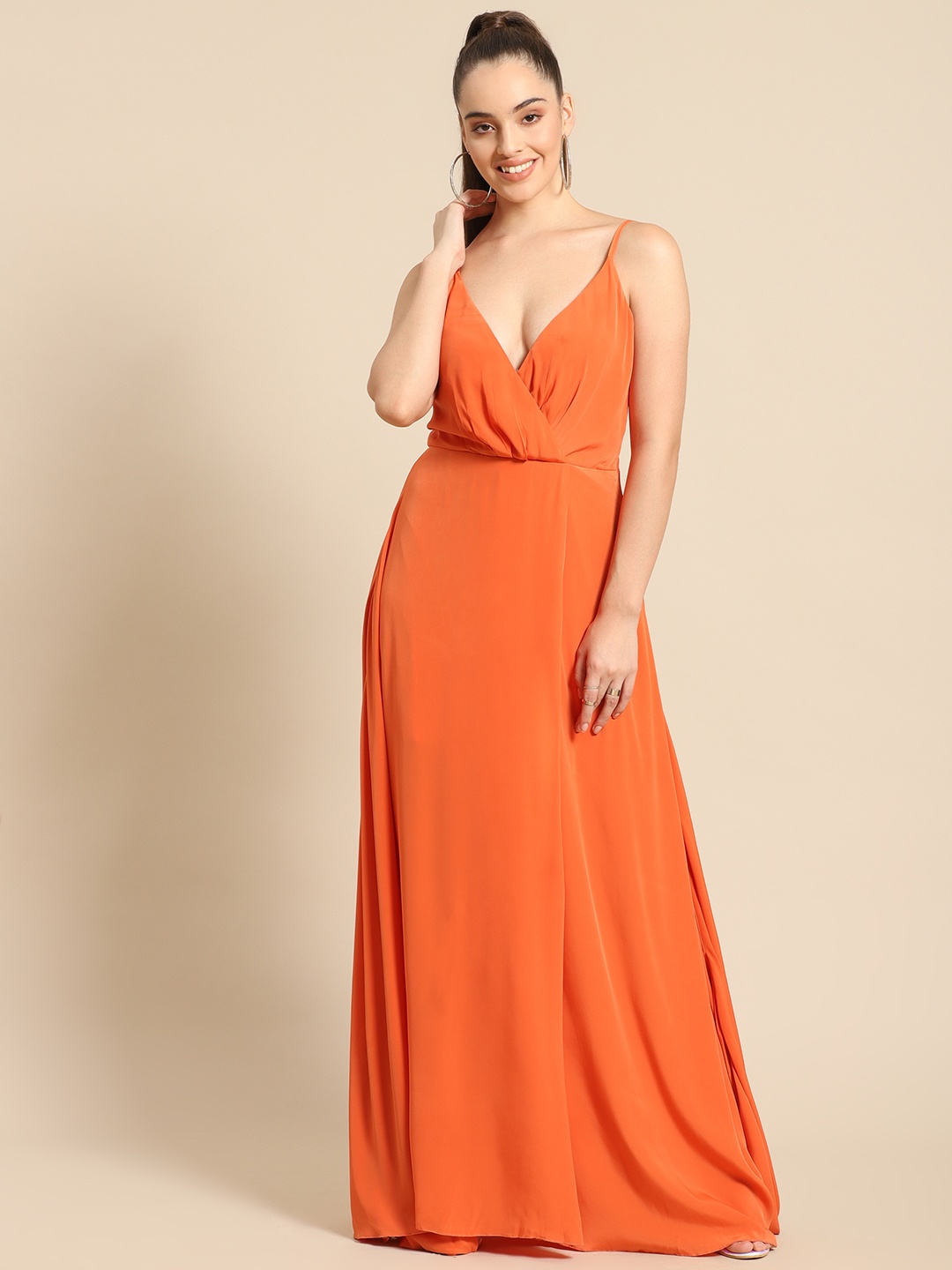 

DODO & MOA Orange Solid Gathered Shoulder Straps Crepe Wrap Maxi Dress