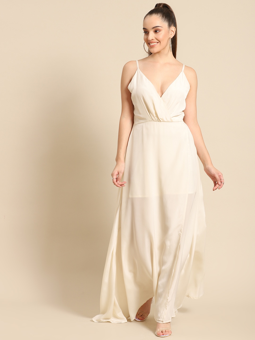 

DODO & MOA Off White Solid Wrap Satin Finish Maxi Dress