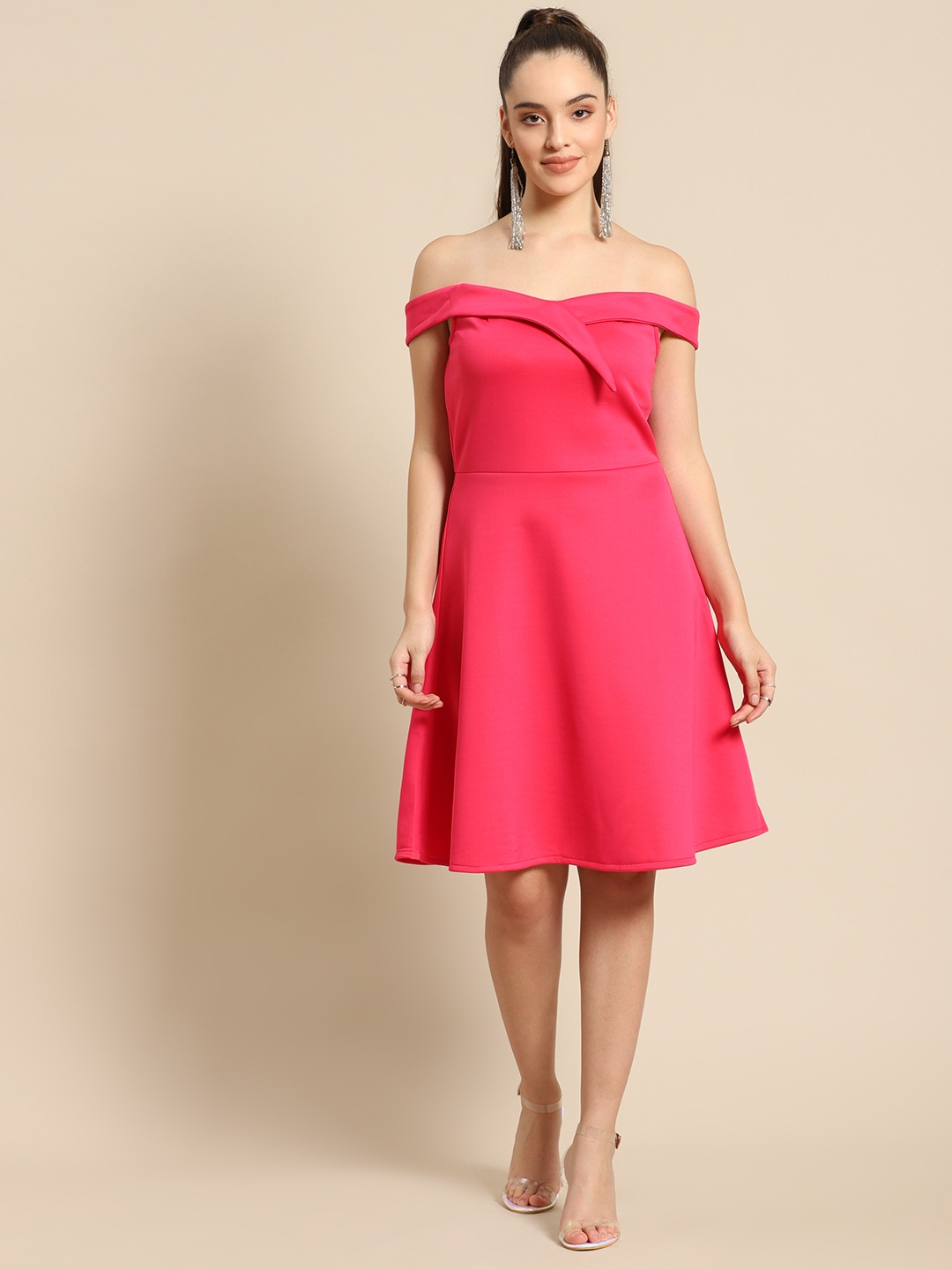 

DODO & MOA Fuchsia Solid Off-Shoulder Scuba A-Line Dress