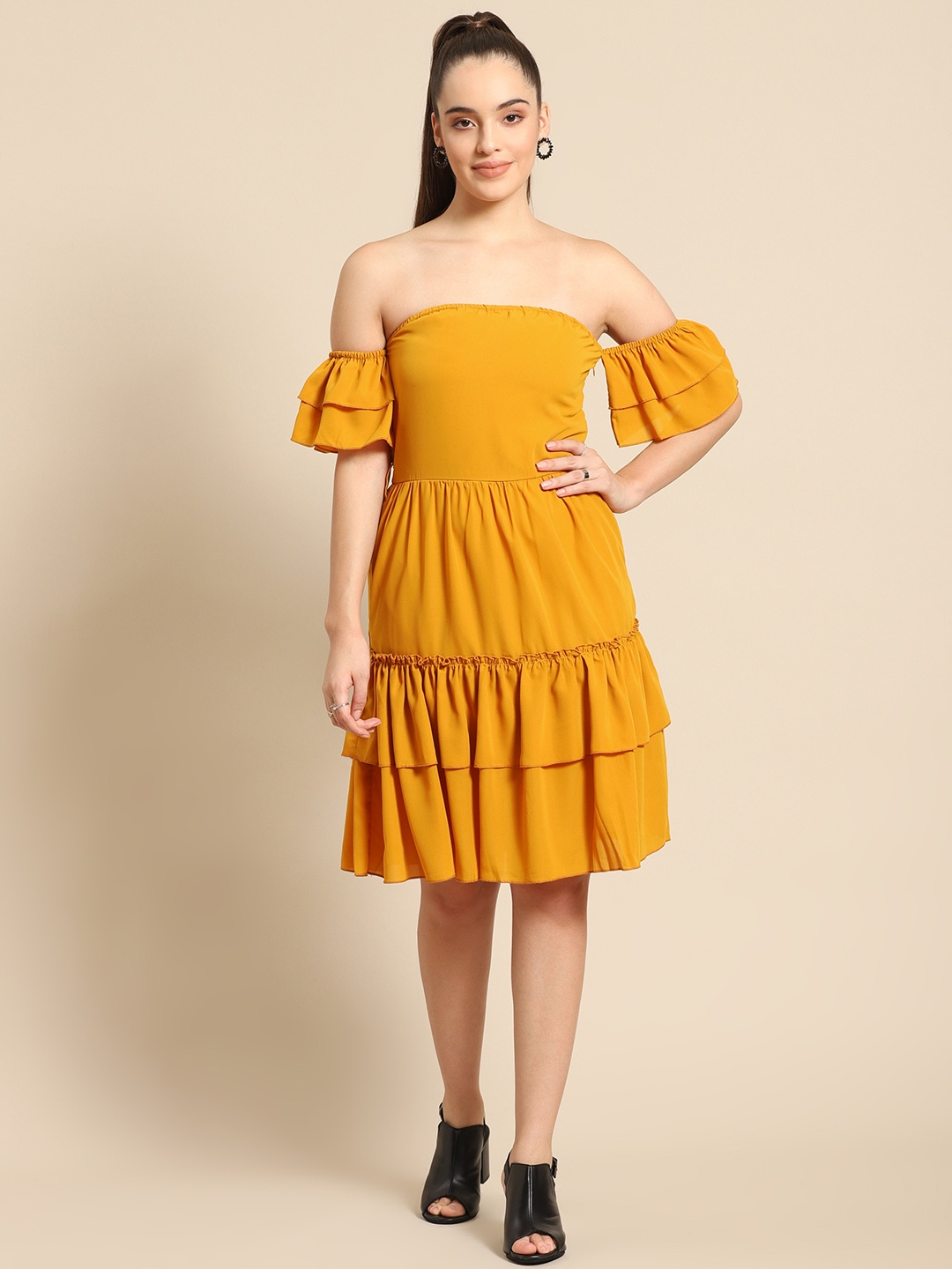 

DODO & MOA Mustard Yellow Solid Off-Shoulder Crepe A-Line Dress