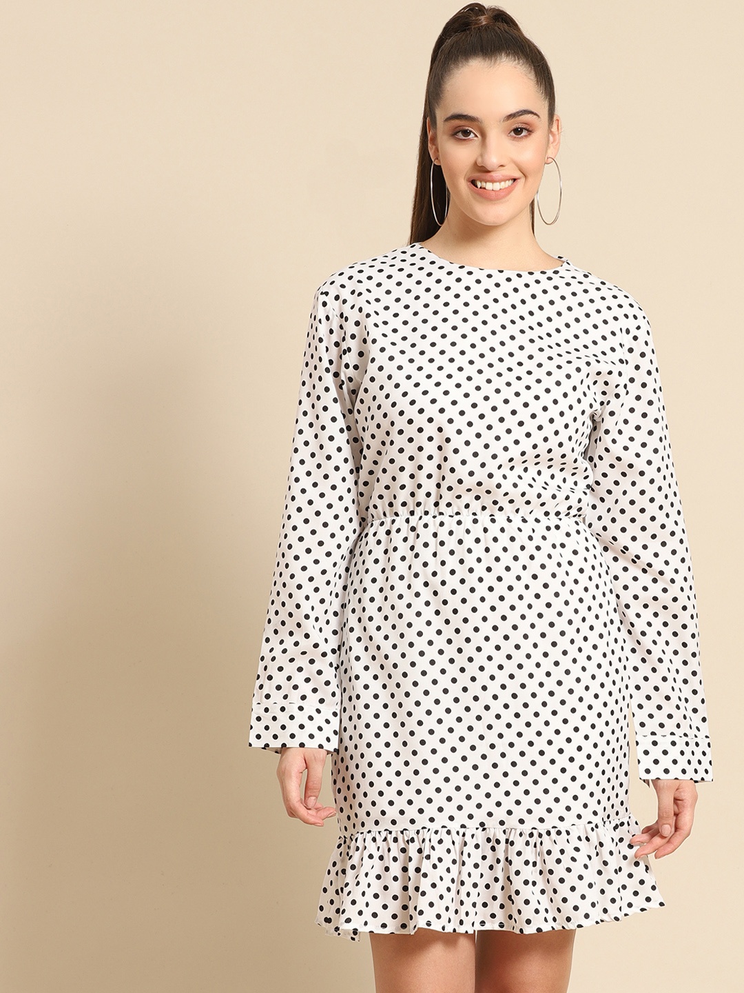 

DODO & MOA White & Black Polka Dot Printed Crepe A-Line Dress