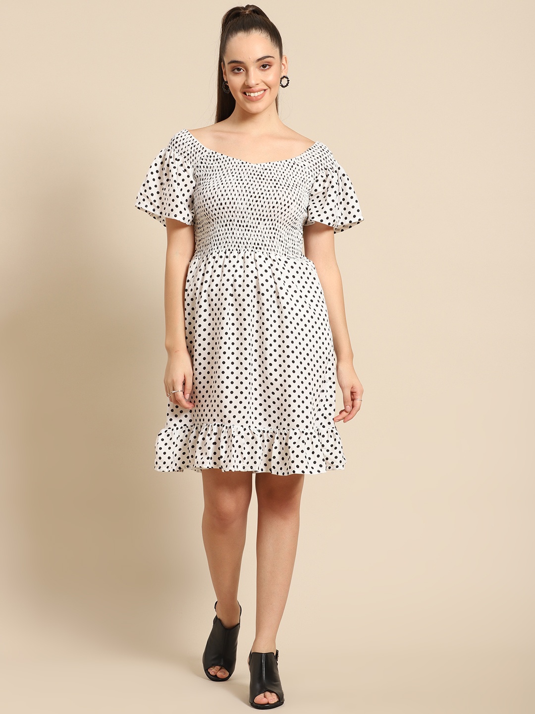 

DODO & MOA White & Black Polka Dot Printed Off-Shoulder Crepe A-Line Dress