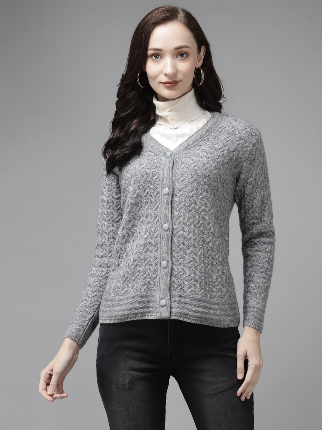 

Cayman Women Grey Melange Woollen Self Design Cardigan