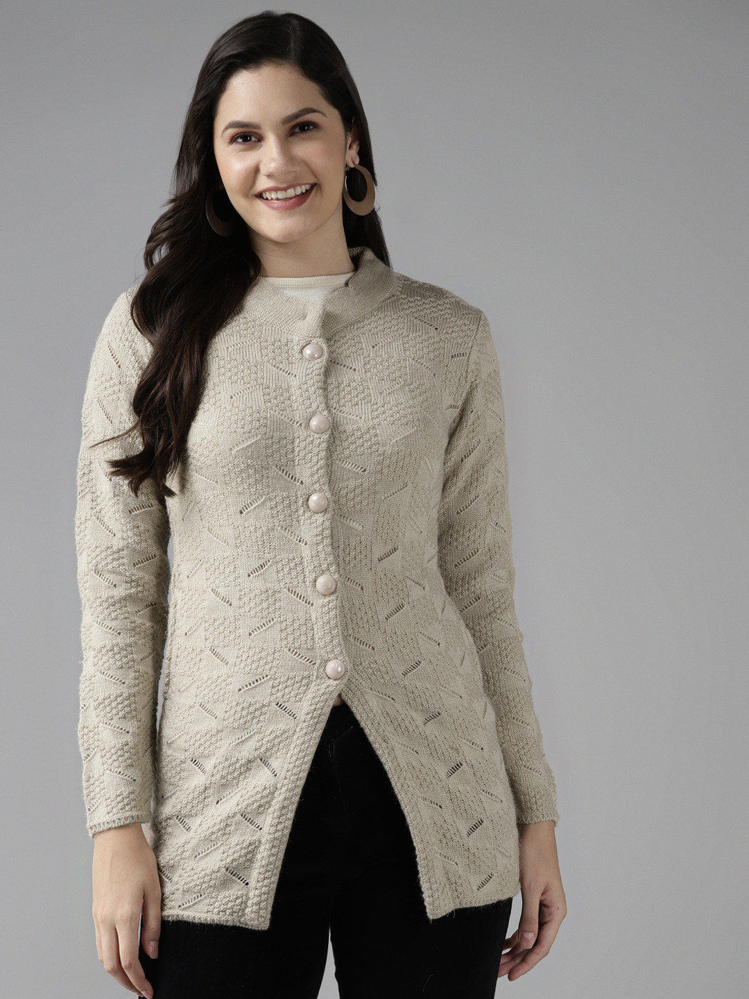 

Cayman Women Beige Self-Design Woollen Cardigan