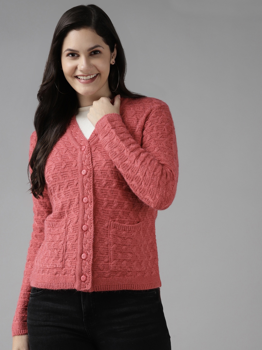 

Cayman Women Coral Pink Self-Design Woollen Cardigan