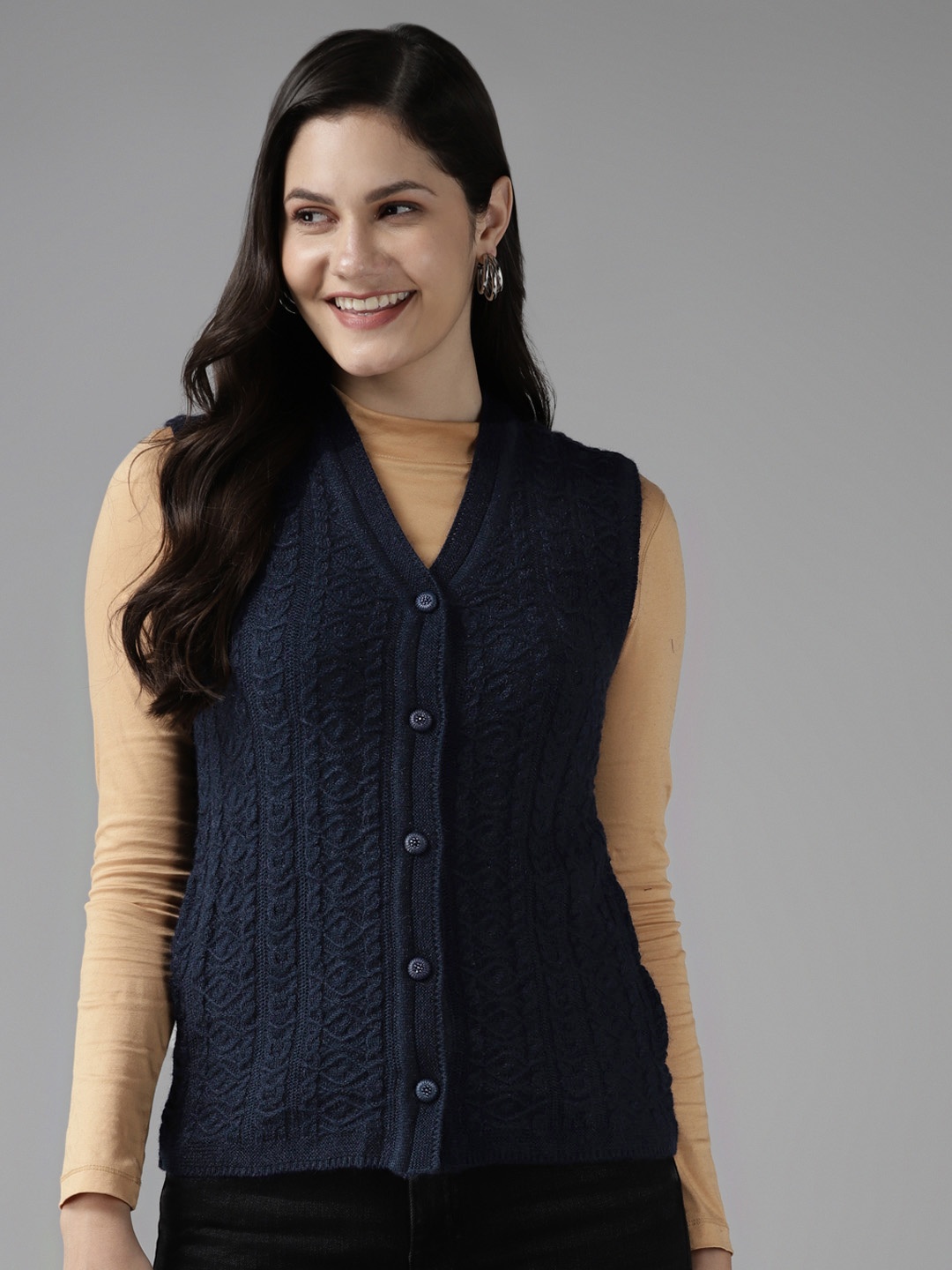 

Cayman Women Navy Blue Self Designed Cardigan Sweater