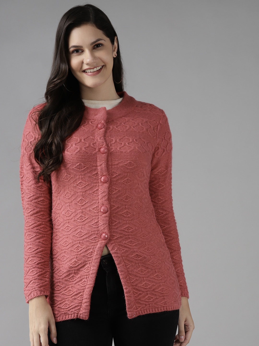

Cayman Women Coral Pink Self Designed Cardigan Sweater