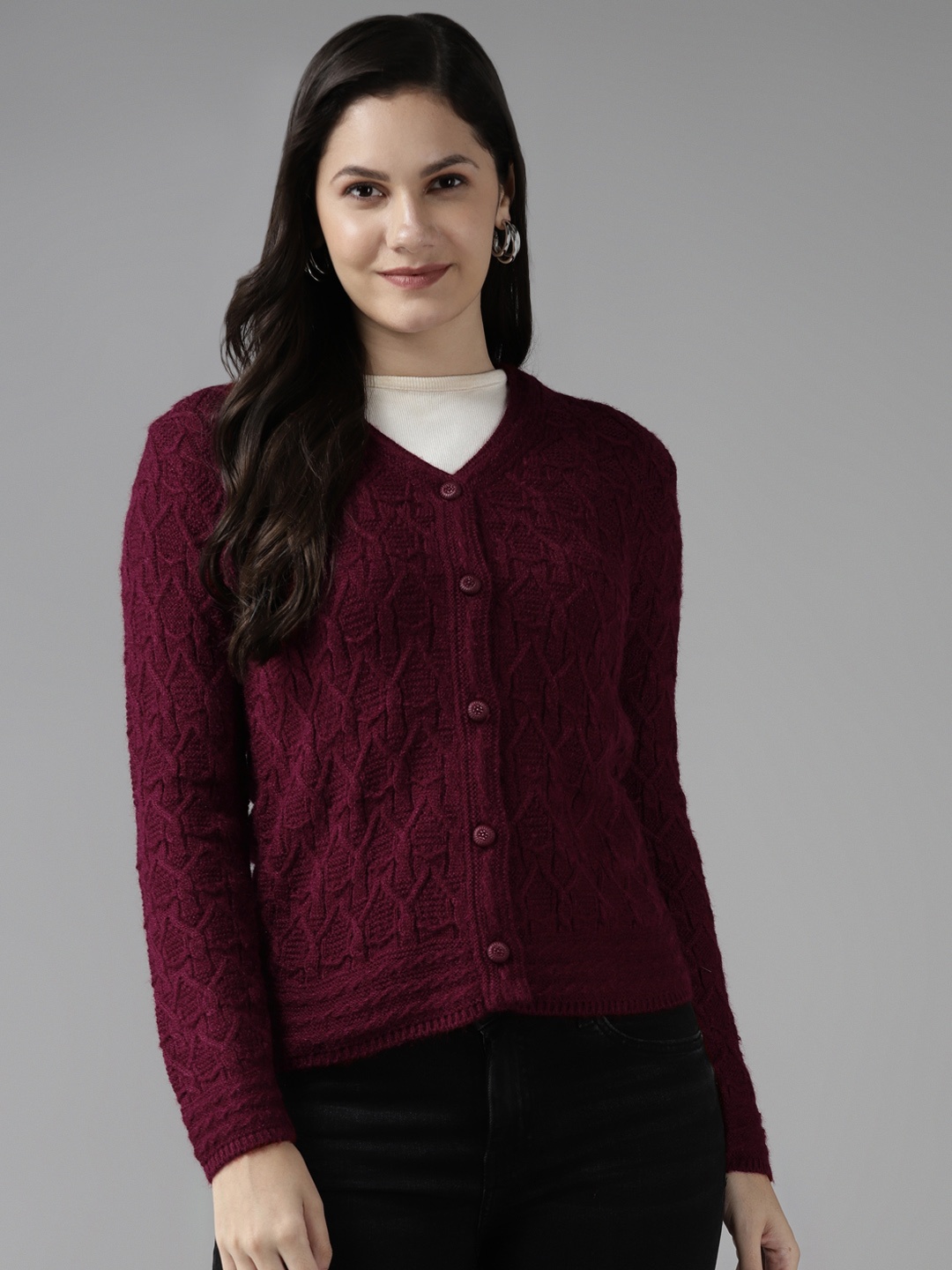 

Cayman Women Maroon Woollen Self Design Cardigan