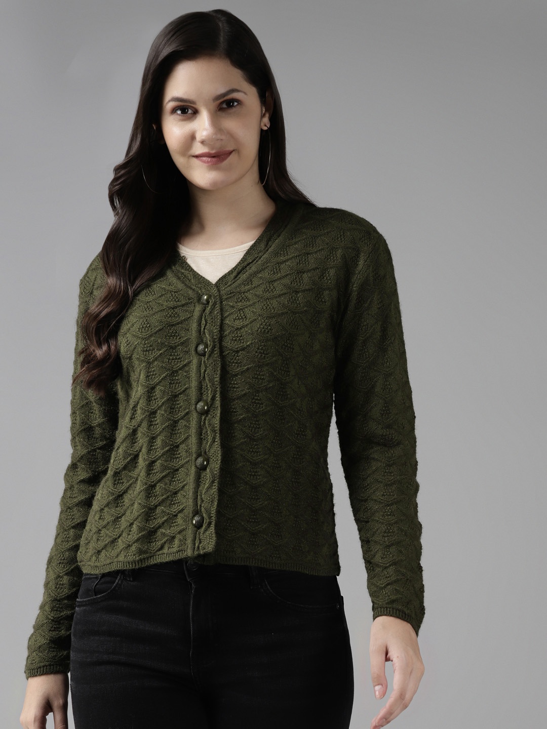 

Cayman Women Olive Green Woollen Self Design Cardigan