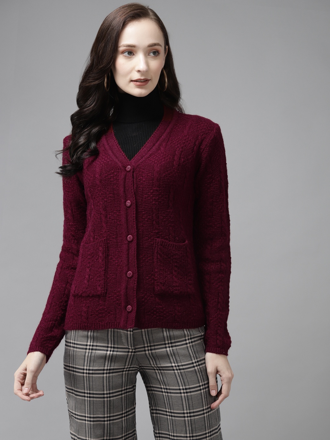 

Cayman Women Maroon Woollen Self Design Cardigan