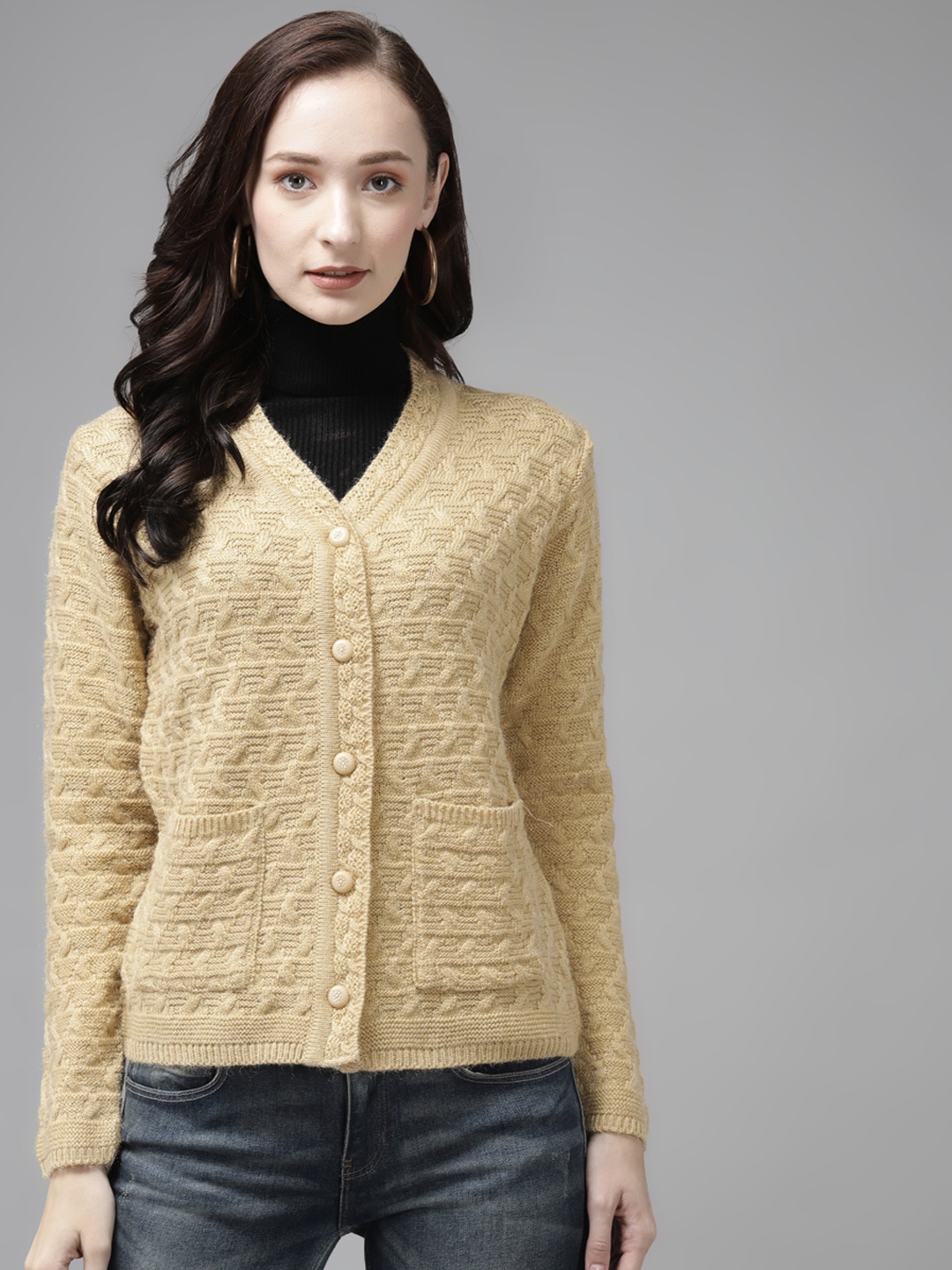 

Cayman Women Beige Self-Design Woollen Cardigan