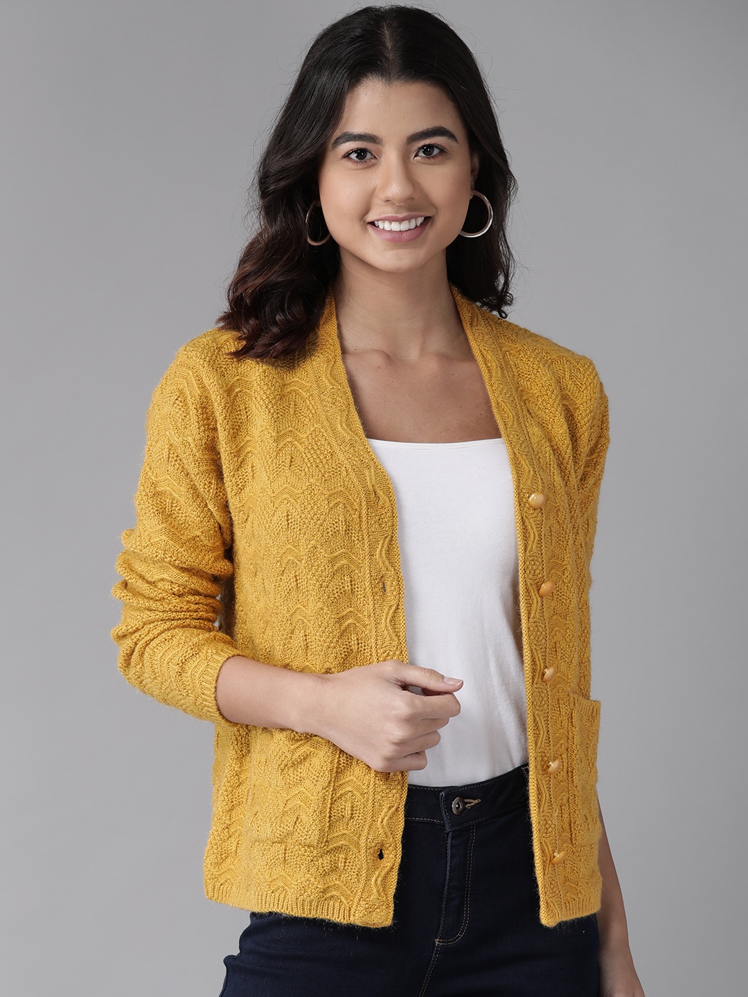 

Cayman Women Mustard Chevron Woollen Cardigan